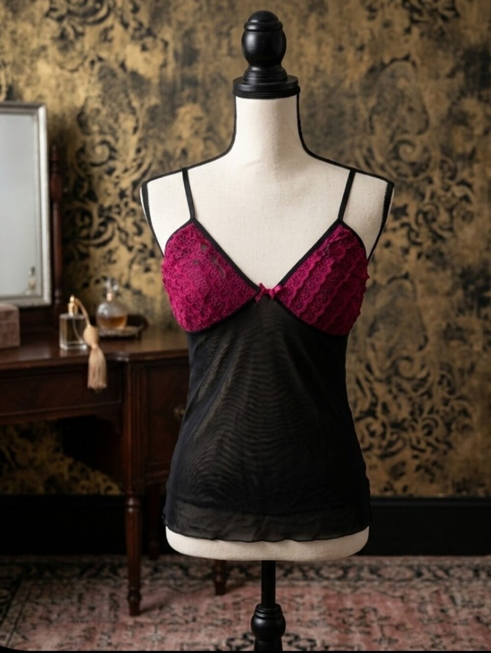 Honeydew Vintage Y2k Black & Pink Ruffle Lace & Mesh Cami Top